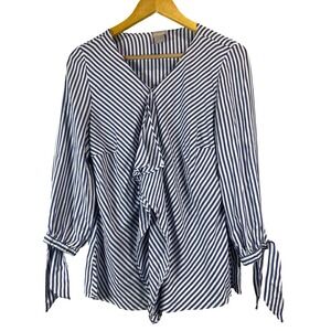 Chicos Blue White Striped Ruffle Front Tie Sleeve Blouse Top Size 1 Medium